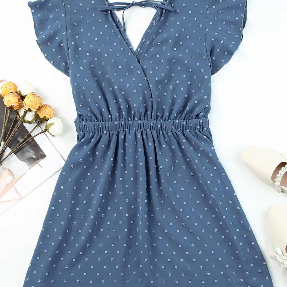 Sky Blue Swiss Dot V Neck Wrap Beach Dress - Picture 9 of 16